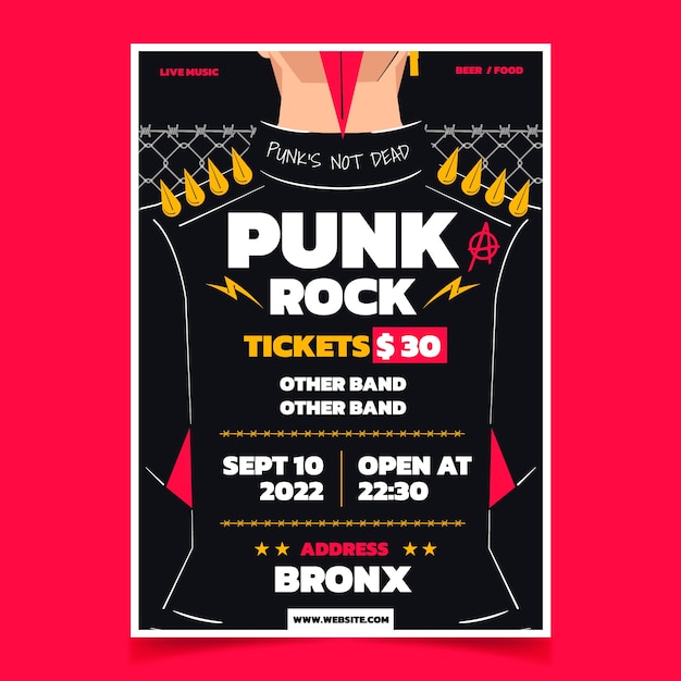 Poster design piatto punk rock disegnato a mano