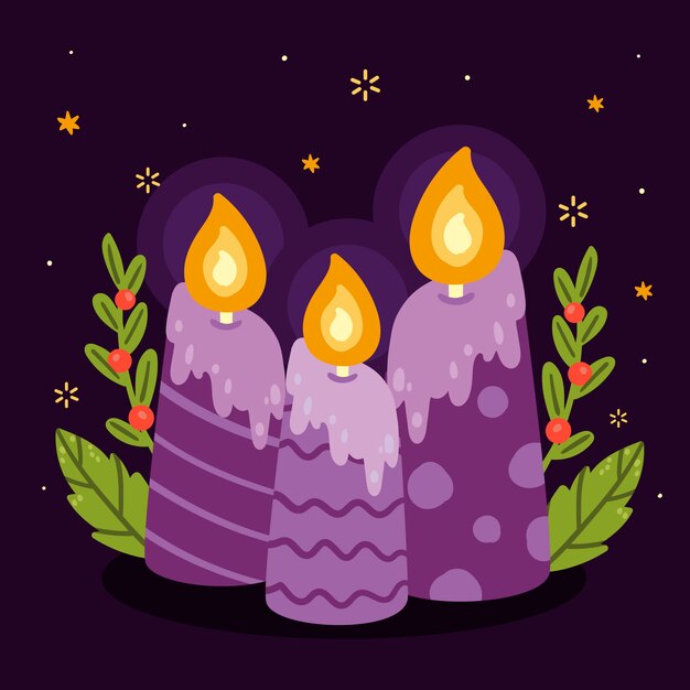 Illustrazione disegnata a mano di candele piatte viola