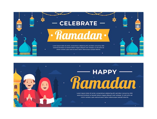 Vettore gratuito banner orizzontale piatto ramadan disegnato a mano