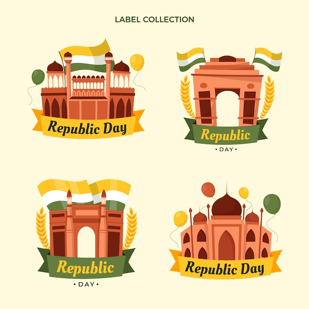 Free vector hand drawn flat republic day labels collection