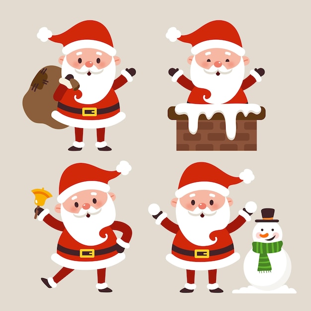 Hand drawn flat santa claus characters collection