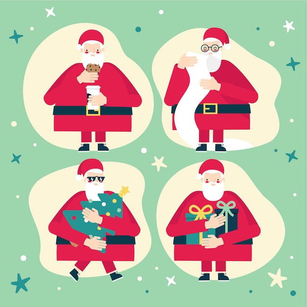 Free vector hand drawn flat santa claus characters collection