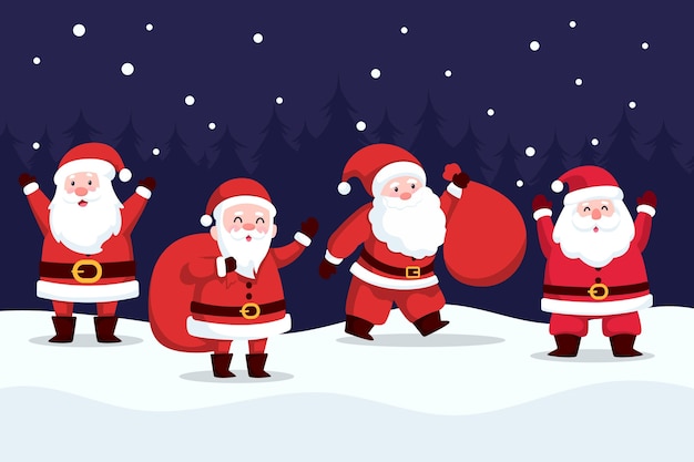 Hand drawn flat santa claus characters collection