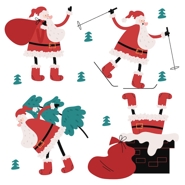 Hand drawn flat santa claus characters collection