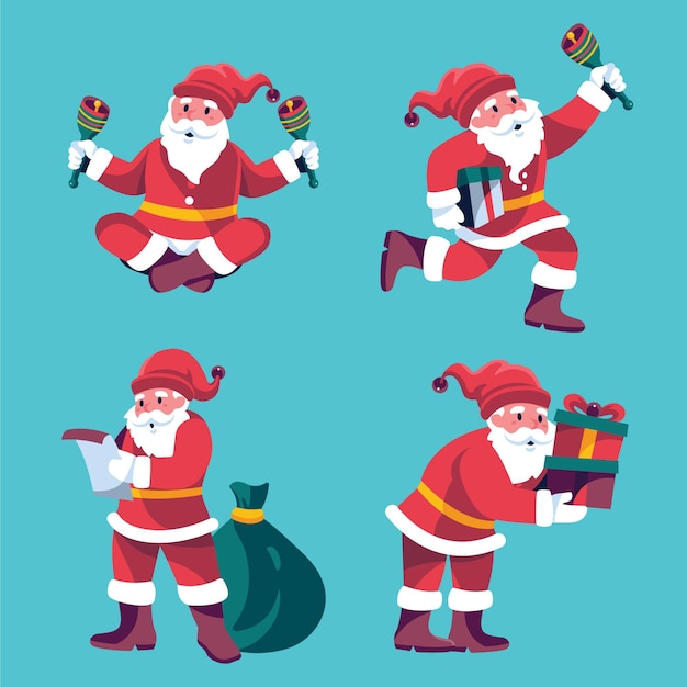 Collezione di personaggi di babbo natale piatto disegnato a mano