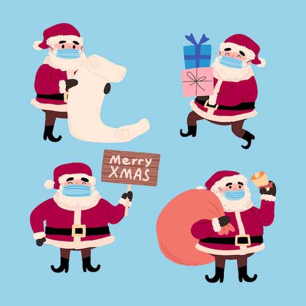 Hand drawn flat santa claus characters collection