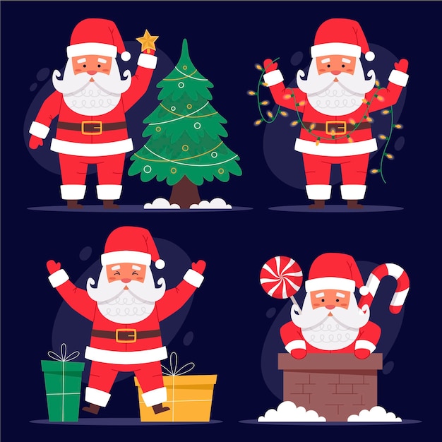 Hand drawn flat santa claus characters collection