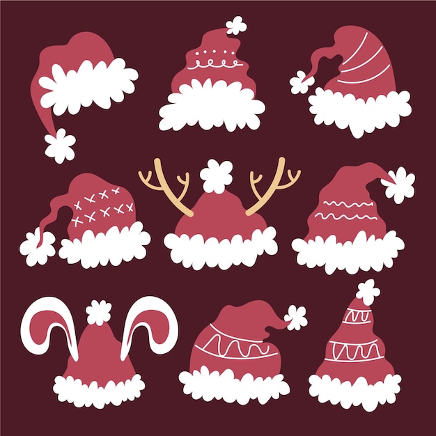 Collezione di cappelli di Babbo Natale piatti disegnati a mano