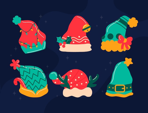 Hand drawn flat santa's hat collection