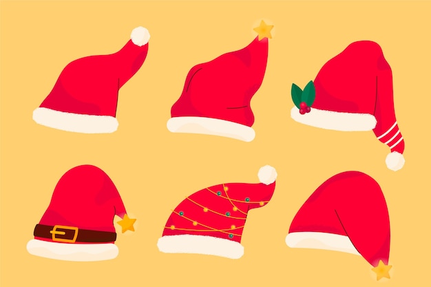 Collezione di cappelli di babbo natale piatti disegnati a mano