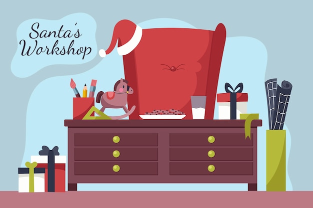 Hand drawn flat santa's workshop illustration