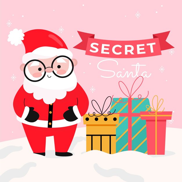 Hand drawn flat secret santa illustration with santa and gifts