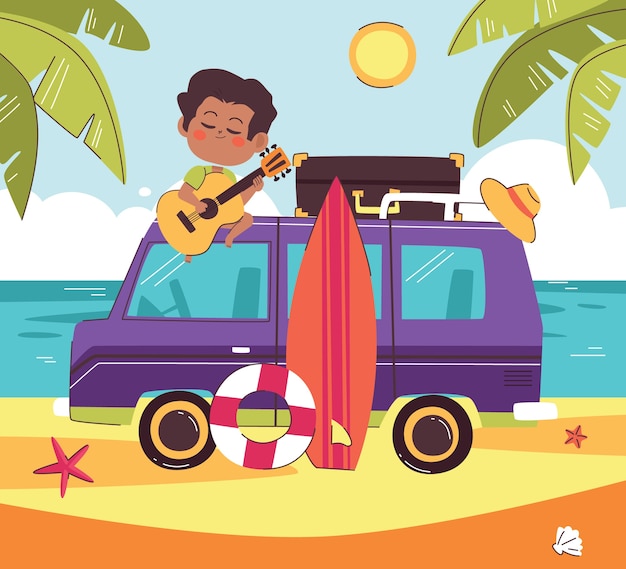 Hand drawn flat summer car illustration