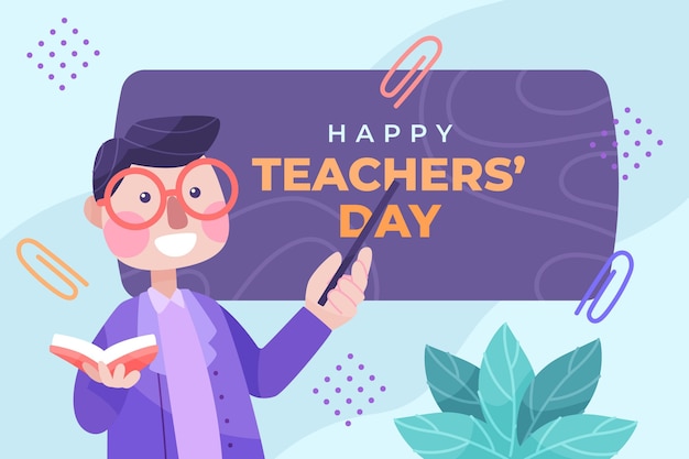 Hand drawn flat teachers' day background with male teacher holding book