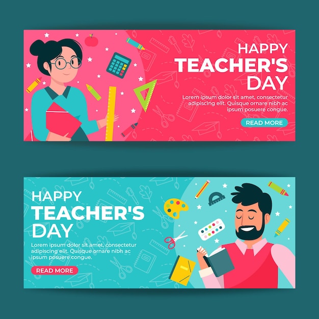 Hand drawn flat teachers' day horizontal banners set