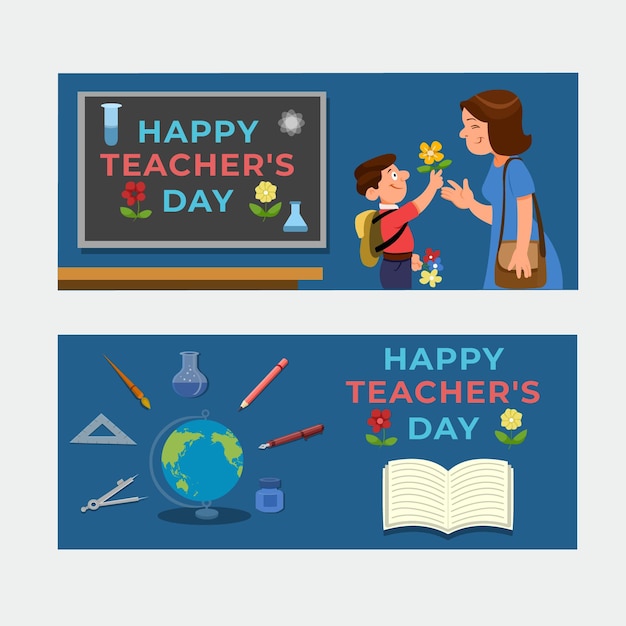 Hand drawn flat teachers' day horizontal banners set