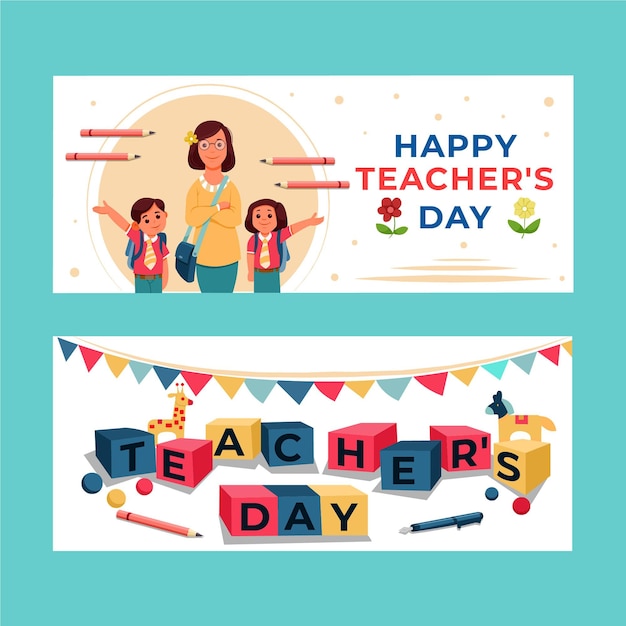 Free vector hand drawn flat teachers' day horizontal banners set