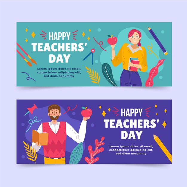 Hand drawn flat teachers' day horizontal banners set