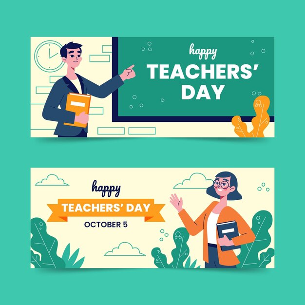 hand drawn flat teachers' day horizontal banners set