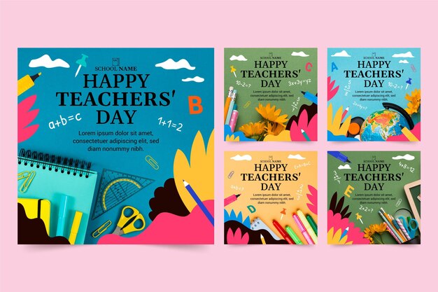 Hand drawn flat teachers' day instagram posts collection with photo