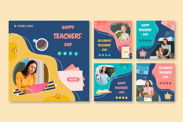 Free vector hand drawn flat teachers' day instagram posts collection with photo