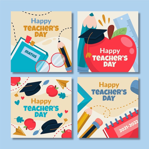 Hand drawn flat teachers' day instagram posts collection