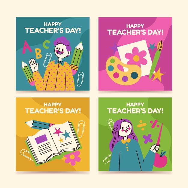 Hand drawn flat teachers' day instagram posts collection