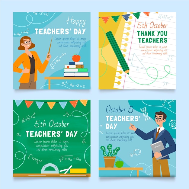 Hand drawn flat teachers' day instagram posts collection