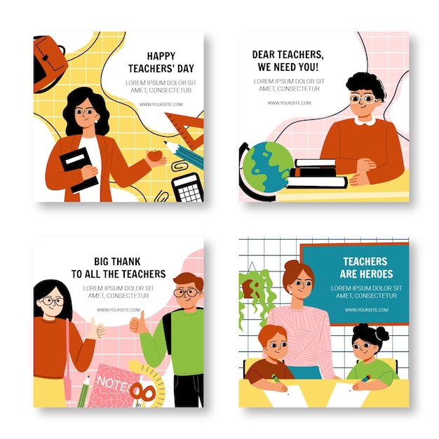 Hand drawn flat teachers' day instagram posts collection
