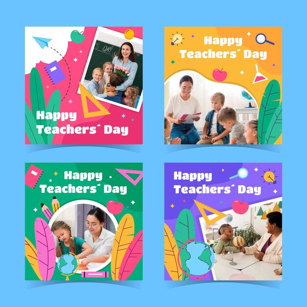 Hand drawn flat teachers' day instagram posts collection