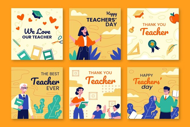 Hand drawn flat teachers' day instagram posts collection