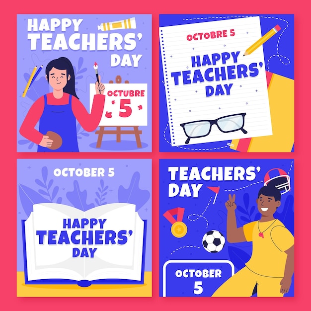 Free vector hand drawn flat teachers' day instagram posts collection