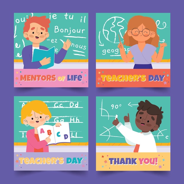 Free vector hand drawn flat teachers' day instagram posts collection