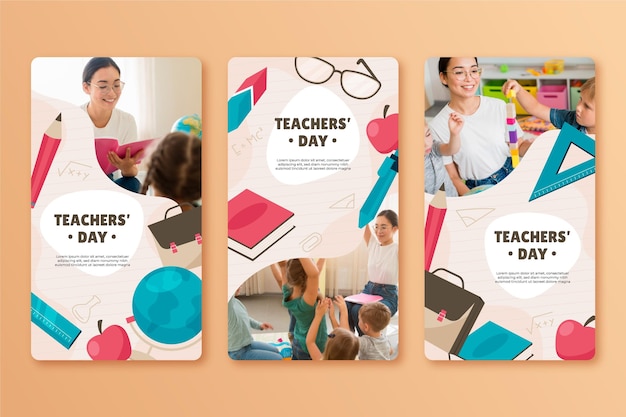 Hand drawn flat teachers' day instagram stories collection with photo