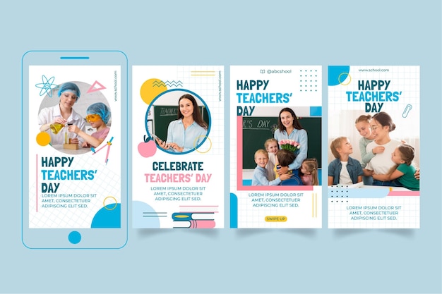 Free vector hand drawn flat teachers' day instagram stories collection with photo