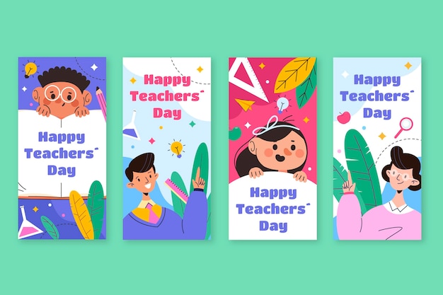 Vettore gratuito collezione di storie di instagram per la giornata degli insegnanti disegnate a mano