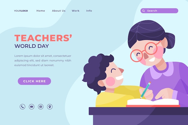 Hand drawn flat teachers' day landing page template with pupil and teacher