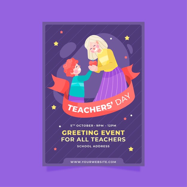 Free vector hand drawn flat teachers' day vertical poster template with pupil giving teacher an apple