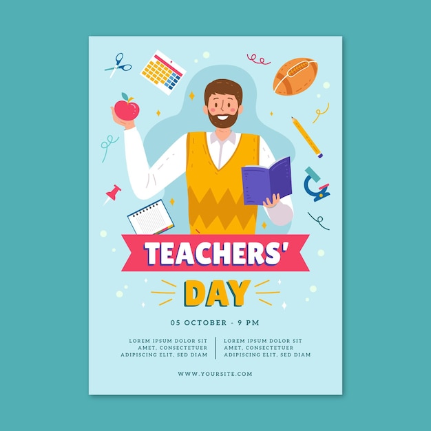 Vettore gratuito modello di poster verticale per il giorno degli insegnanti piatto disegnato a mano