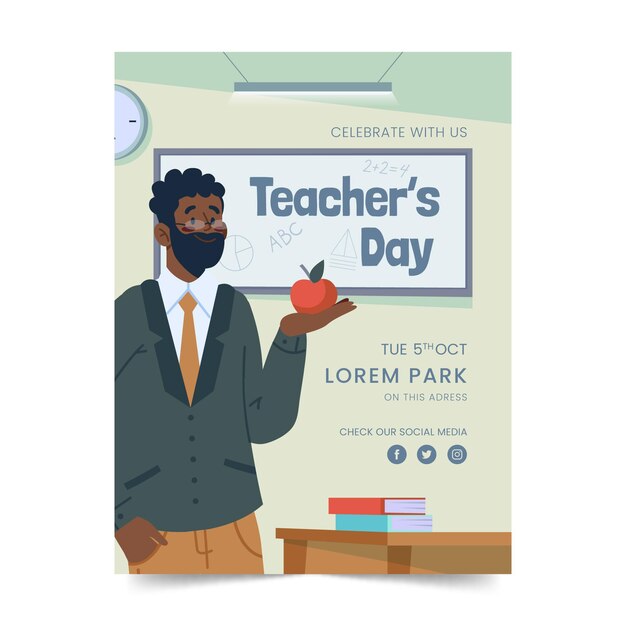 Modello di poster verticale per il giorno degli insegnanti piatto disegnato a mano