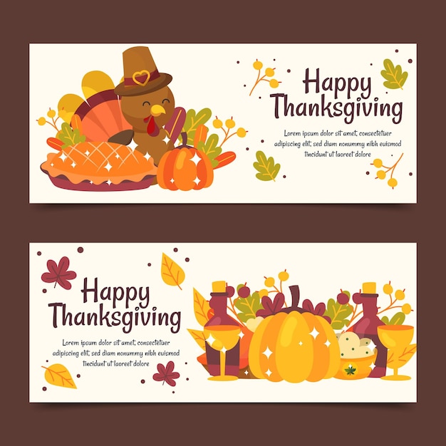 Hand drawn flat thanksgiving horizontal banners set