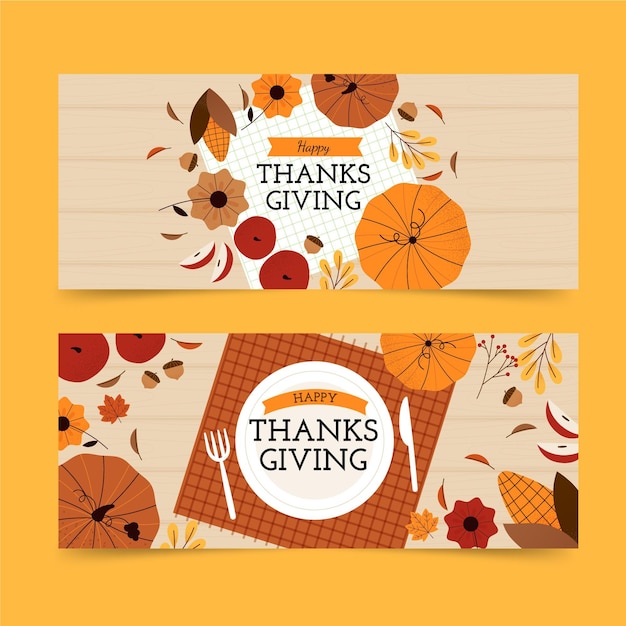 Free vector hand drawn flat thanksgiving horizontal banners set