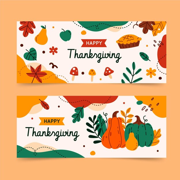 Hand drawn flat thanksgiving horizontal banners set