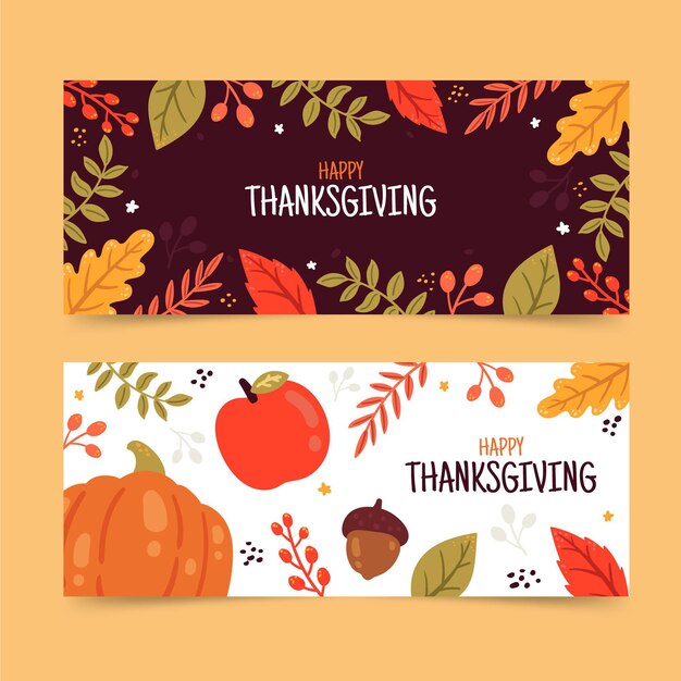 Hand drawn flat thanksgiving horizontal banners set