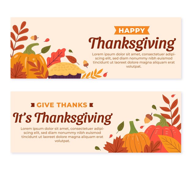 hand drawn flat thanksgiving horizontal banners set