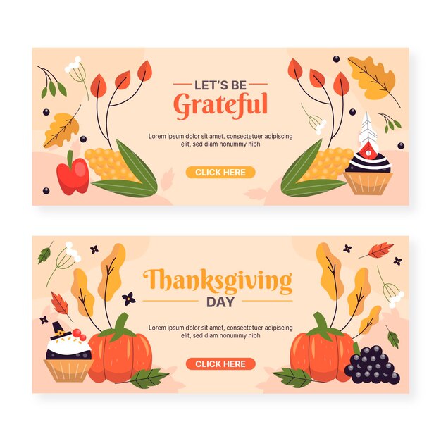 Hand drawn flat thanksgiving horizontal banners set