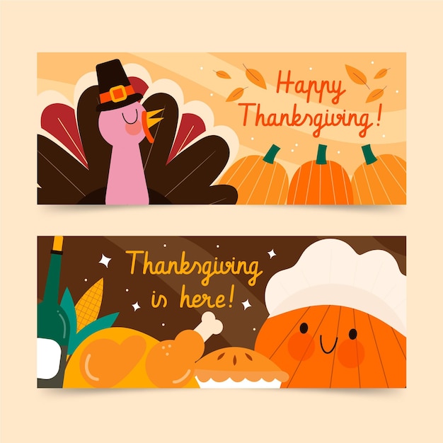 Free vector hand drawn flat thanksgiving horizontal banners set