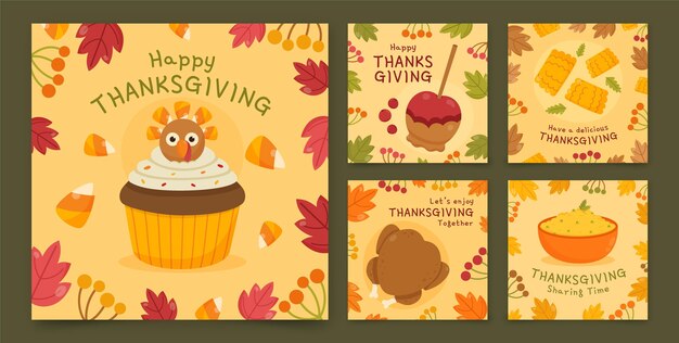 Free vector hand drawn flat thanksgiving instagram posts collection