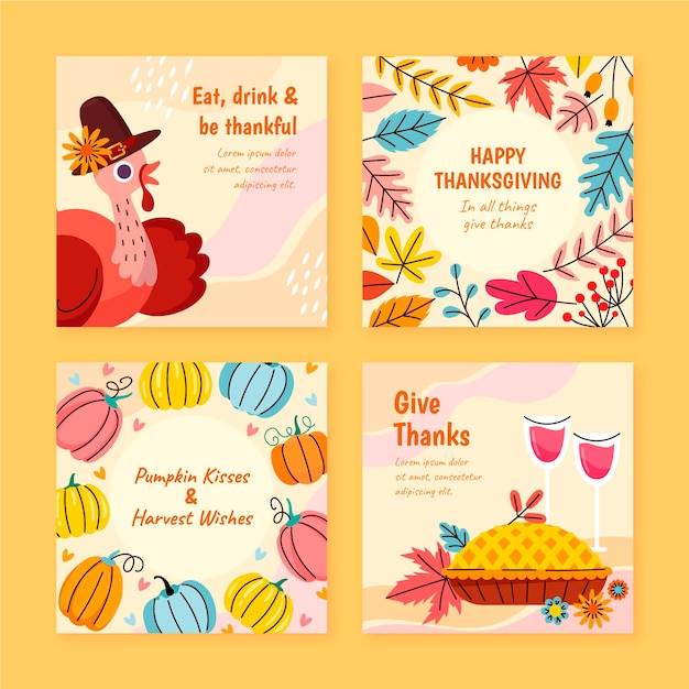 Free vector hand drawn flat thanksgiving instagram posts collection