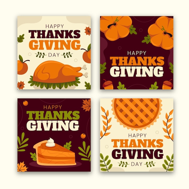 Free vector hand drawn flat thanksgiving instagram posts collection